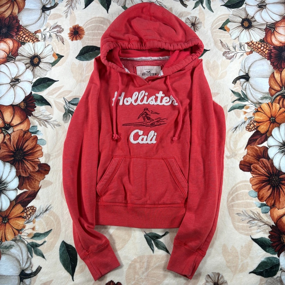 Vintage Y2K Hollister Hoodie Womens Red Fleece Lined Cali Surf Graphic Small